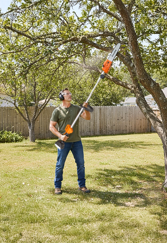 High branch pruning with pole saw